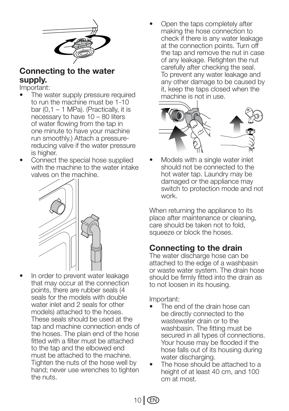 Connecting to the water supply, Connecting to the drain | Beko WME 7247 S  EN User Manual | Page 10 / 40