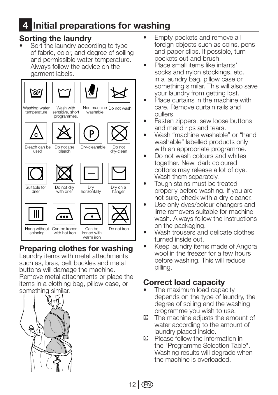 4initial preparations for washing, Sorting the laundry, Preparing clothes for washing | Correct load capacity | Beko WME 7247 S  EN User Manual | Page 12 / 40