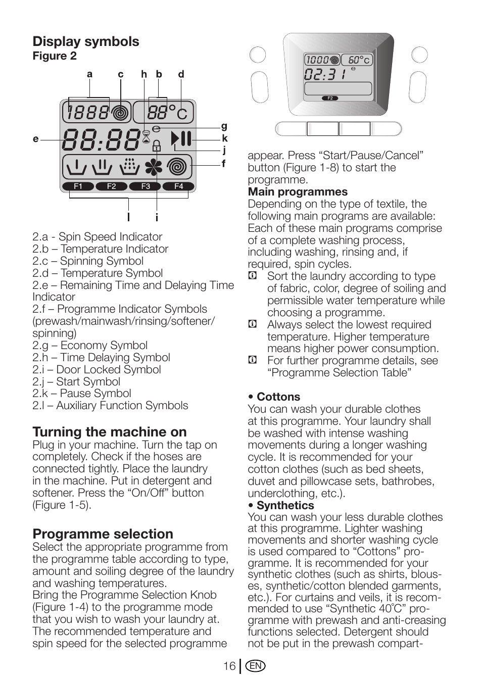 Display symbols, Turning the machine on, Programme selection | Beko WME 7247 S  EN User Manual | Page 16 / 40