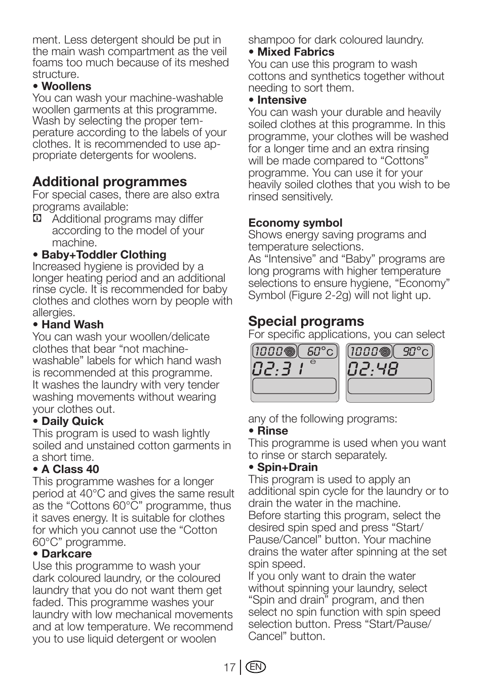 Additional programmes, Special programs | Beko WME 7247 S  EN User Manual | Page 17 / 40