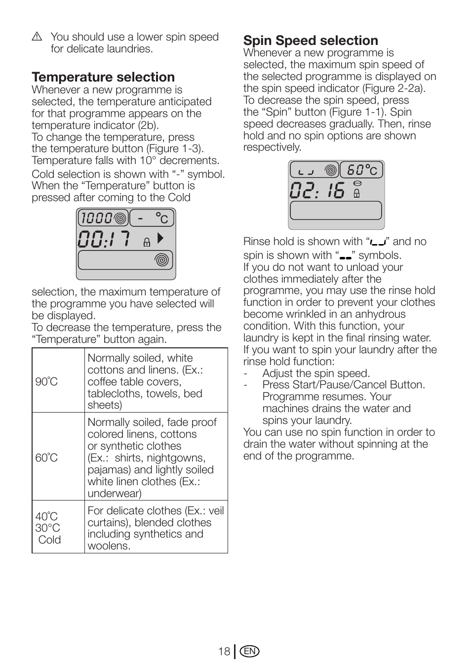 Temperature selection, Spin speed selection | Beko WME 7247 S  EN User Manual | Page 18 / 40