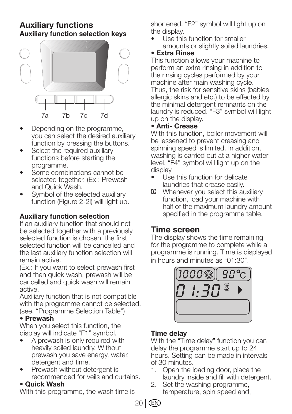 Auxiliary functions, Time screen | Beko WME 7247 S  EN User Manual | Page 20 / 40