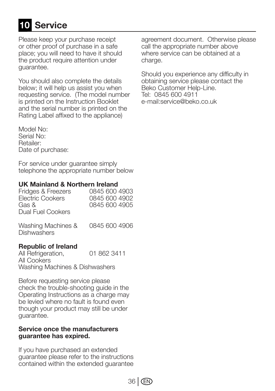 10 service | Beko WME 7247 S  EN User Manual | Page 36 / 40