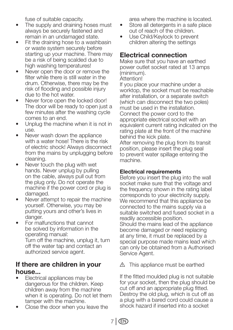 If there are children in your house, Electrical connection | Beko WME 7247 S  EN User Manual | Page 7 / 40