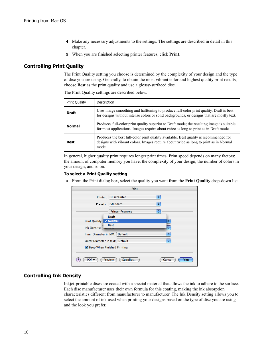 Controlling print quality, Controlling ink density | Dymo Disc Painter User Manual | Page 14 / 56