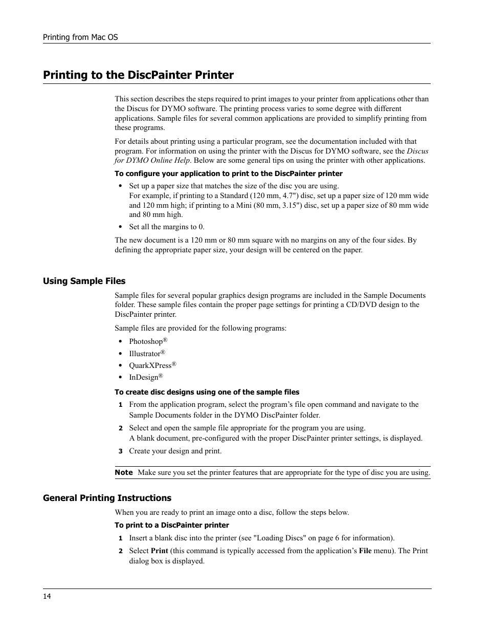 Printing to the discpainter printer, Using sample files, General printing instructions | Dymo Disc Painter User Manual | Page 18 / 56