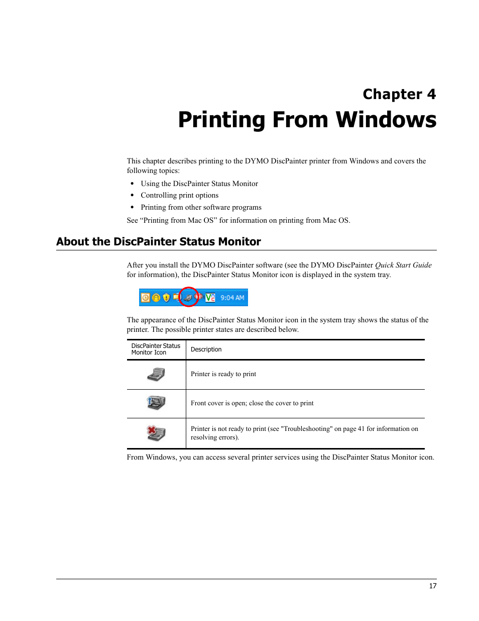 Printing from windows, About the discpainter status monitor, Chapter 4 | Dymo Disc Painter User Manual | Page 21 / 56