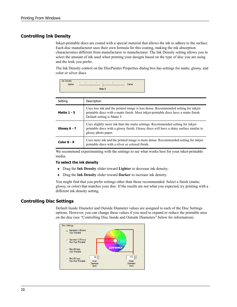 Controlling ink density, Controlling disc settings | Dymo Disc Painter User Manual | Page 24 / 56