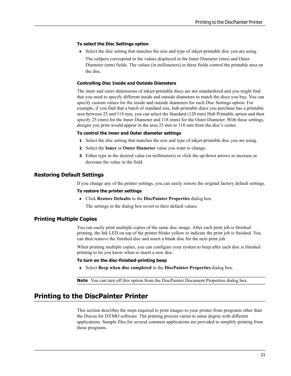 Controlling disc inside and outside diameters, Restoring default settings, Printing multiple copies | Printing to the discpainter printer | Dymo Disc Painter User Manual | Page 25 / 56