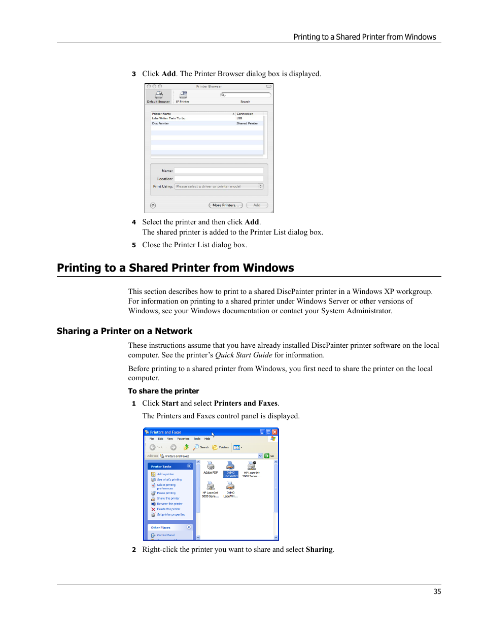 Printing to a shared printer from windows, Sharing a printer on a network | Dymo Disc Painter User Manual | Page 39 / 56