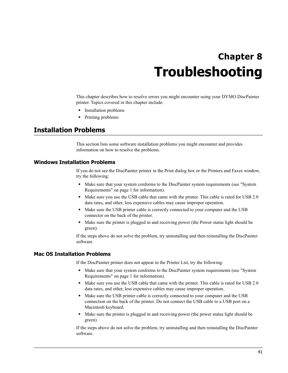 Troubleshooting, Installation problems, Windows installation problems | Mac os installation problems, Chapter 8 | Dymo Disc Painter User Manual | Page 45 / 56