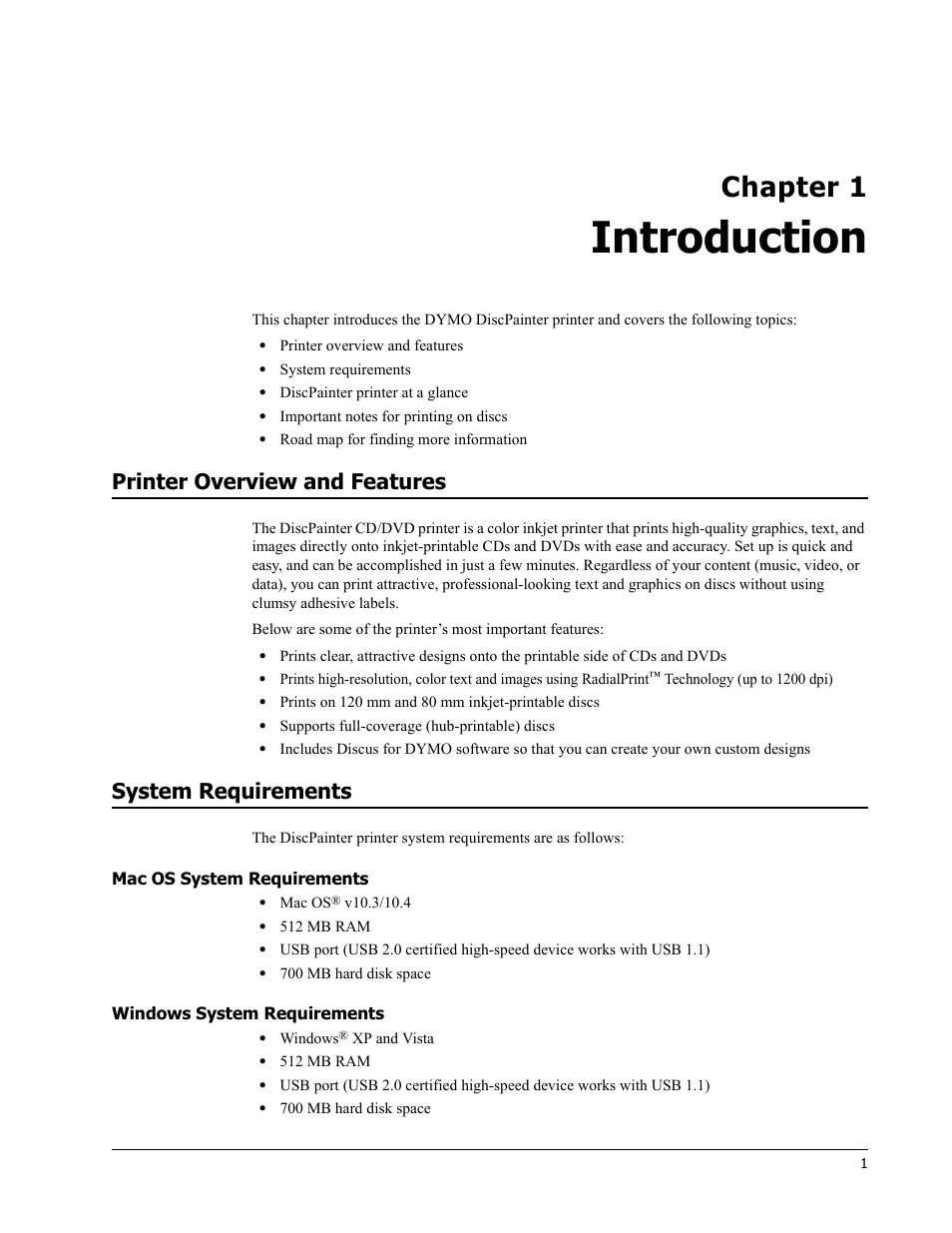 Introduction, Printer overview and features, System requirements | Mac os system requirements, Windows system requirements, Chapter 1 | Dymo Disc Painter User Manual | Page 5 / 56