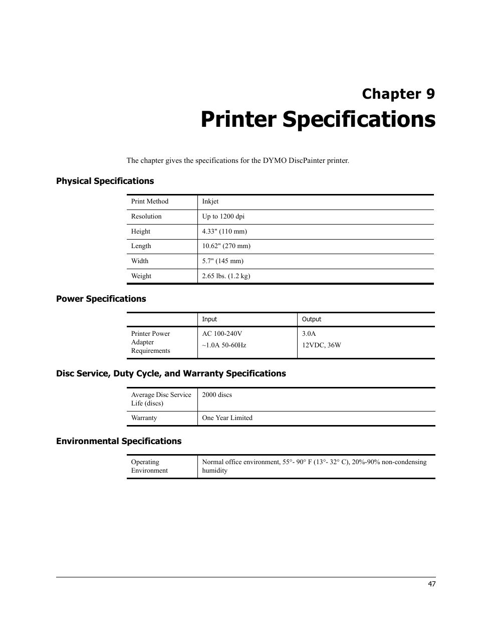 Printer specifications, Physical specifications, Power specifications | Environmental specifications, Chapter 9 | Dymo Disc Painter User Manual | Page 51 / 56