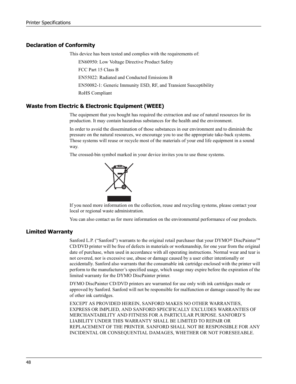 Declaration of conformity, Waste from electric & electronic equipment (weee), Limited warranty | Dymo Disc Painter User Manual | Page 52 / 56