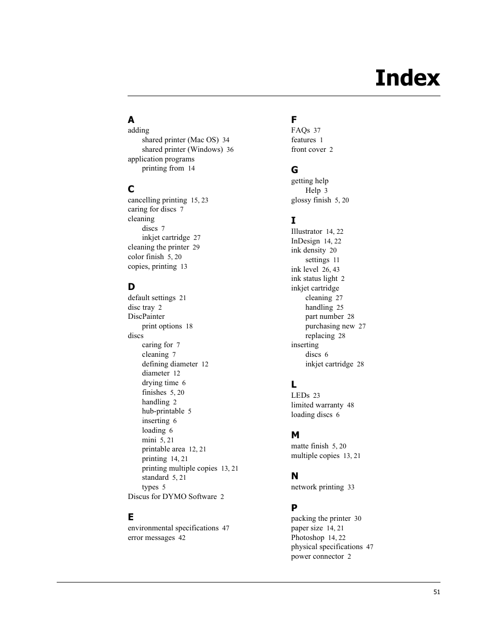 Index | Dymo Disc Painter User Manual | Page 55 / 56