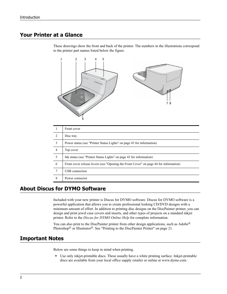 Your printer at a glance, About discus for dymo software, Important notes | Dymo Disc Painter User Manual | Page 6 / 56