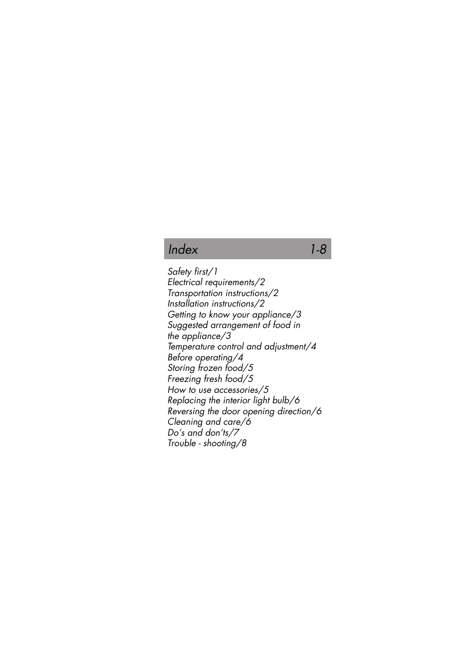 Index 1-8 | Beko D 9400 NM User Manual | Page 2 / 14