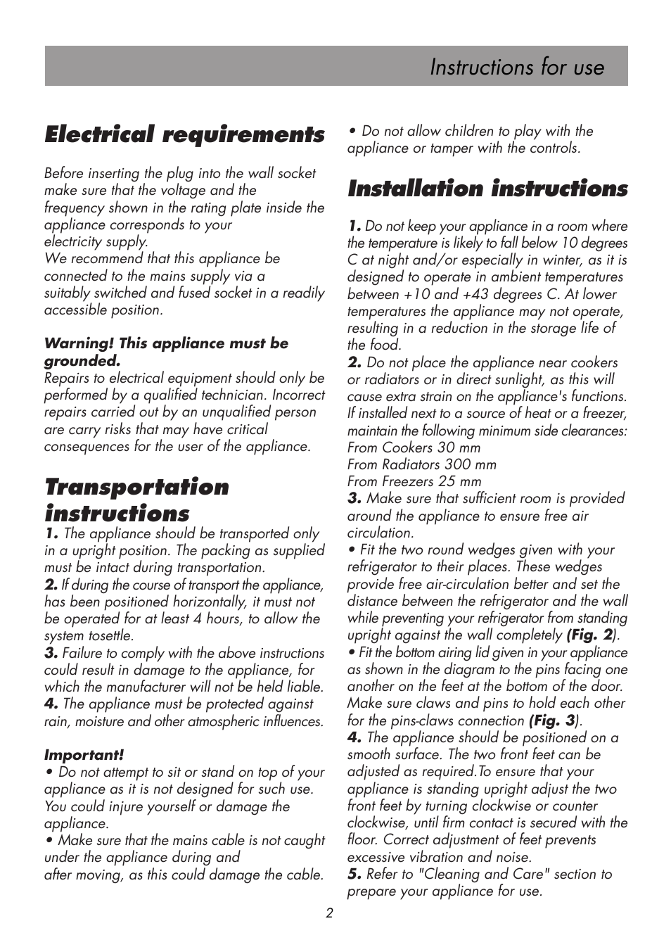 Instructions for use electrical requirements, Transportation instructions, Installation instructions | Beko D 9400 NM User Manual | Page 8 / 14