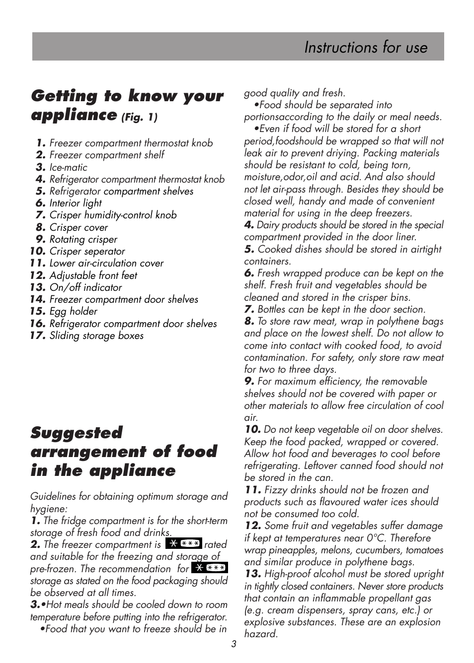 Instructions for use, Suggested arrangement of food in the appliance, Getting to know your appliance | Beko D 9400 NM User Manual | Page 9 / 14