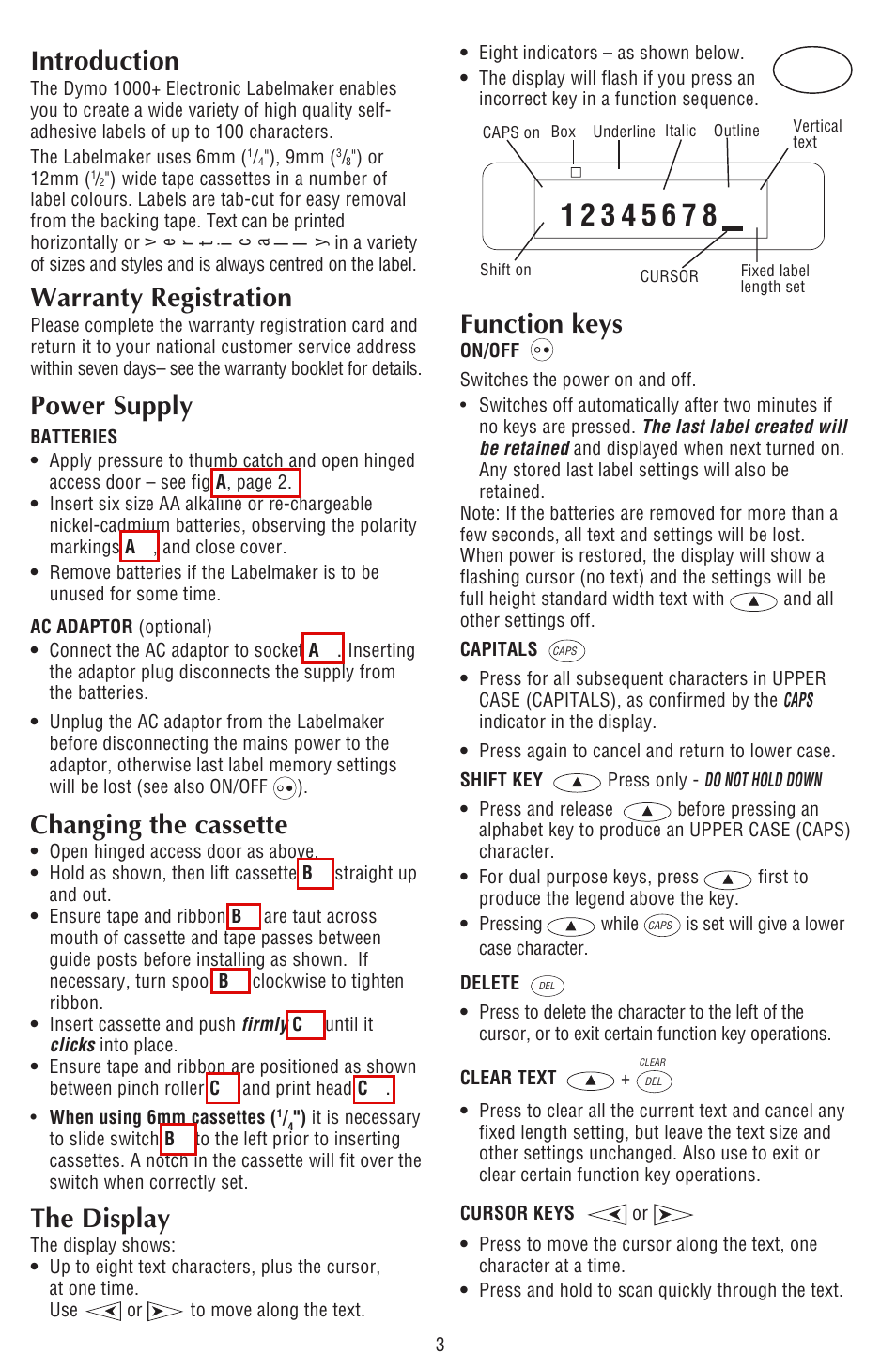 Introduction, Warranty registration, Power supply | Changing the cassette, Function keys, The display | Dymo 1000Plus User Manual | Page 2 / 5