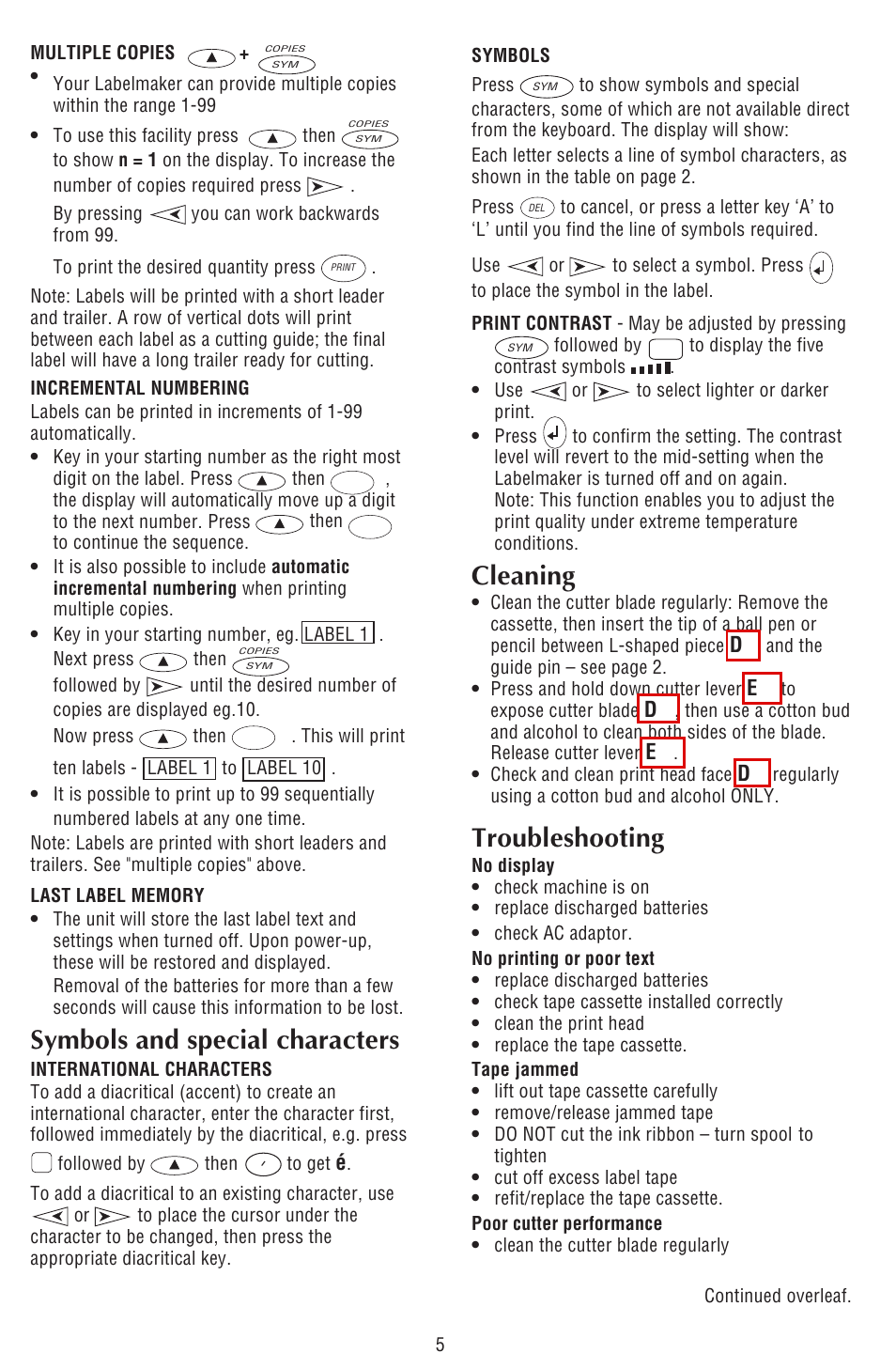 Symbols and special characters, Cleaning, Troubleshooting | Dymo 1000Plus User Manual | Page 4 / 5