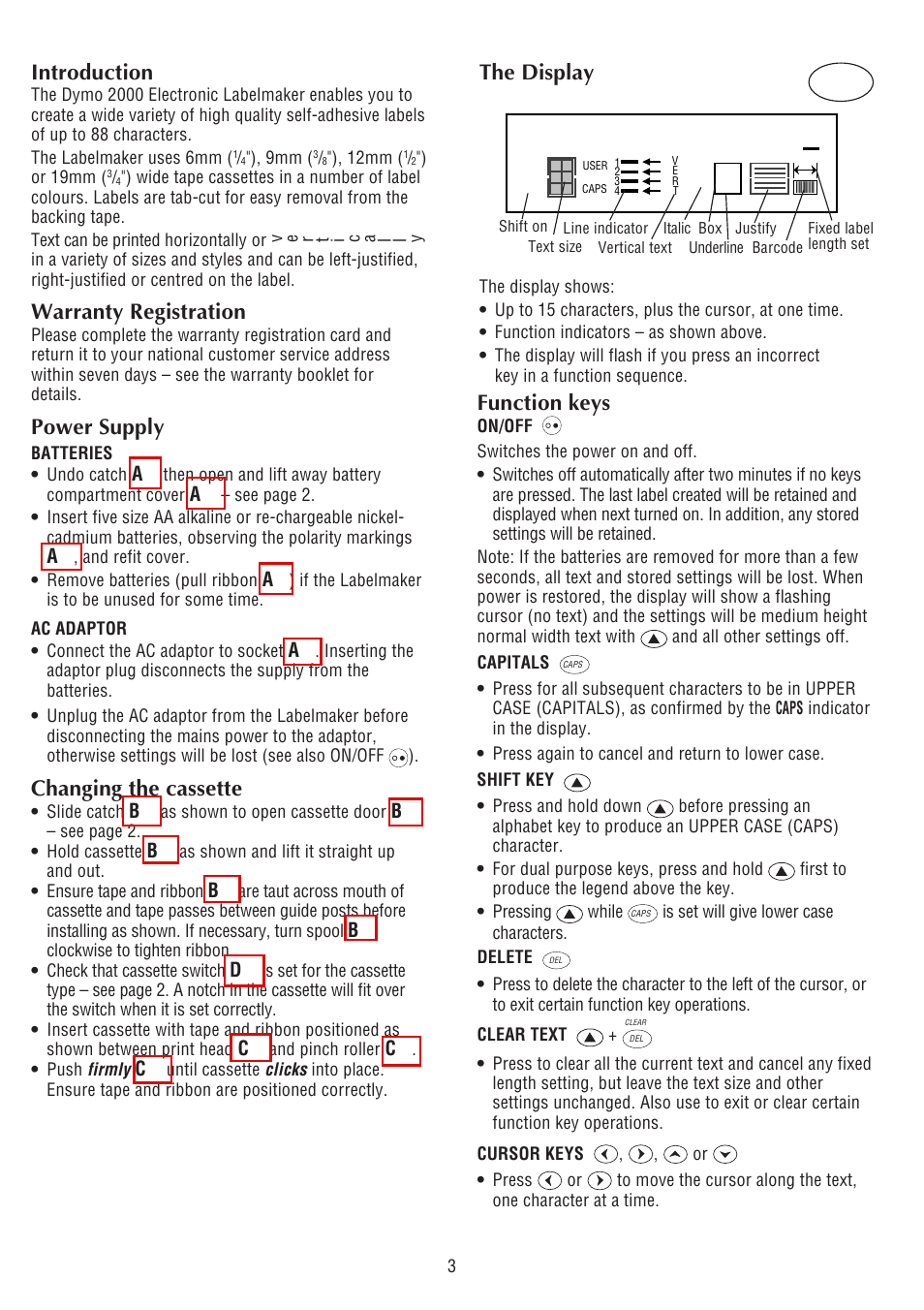 Introduction, Warranty registration, Power supply | Changing the cassette, The display, Function keys | Dymo 2000 User Manual | Page 2 / 5