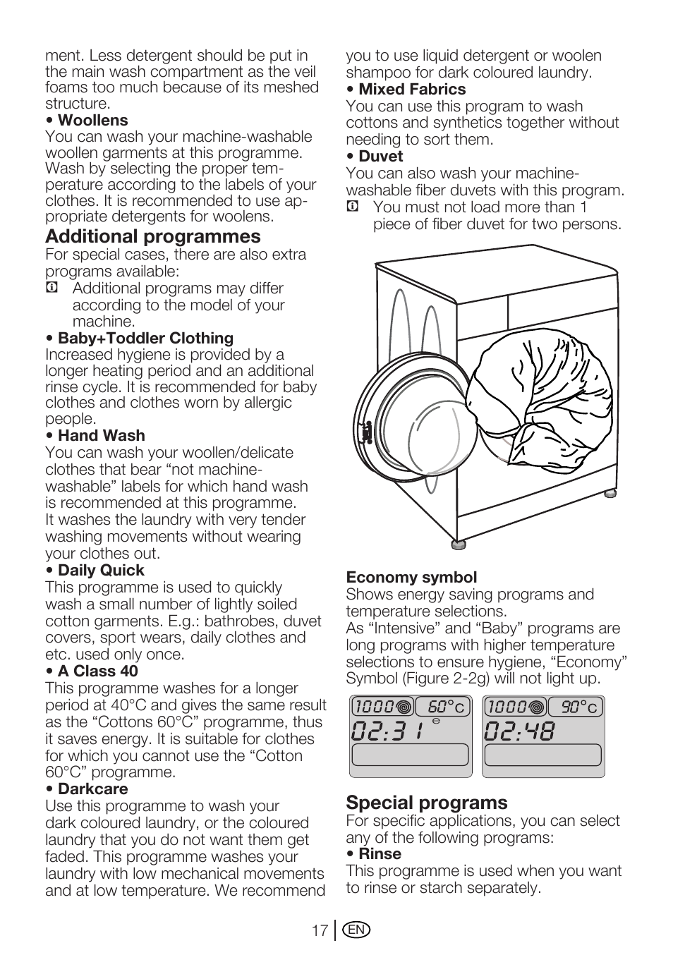 Additional programmes, Special programs | Beko WME 8227 W User Manual | Page 17 / 40