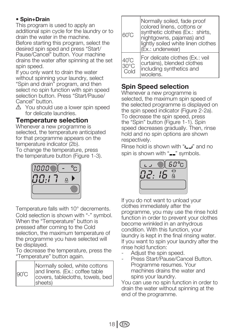 Temperature selection, Spin speed selection | Beko WME 8227 W User Manual | Page 18 / 40
