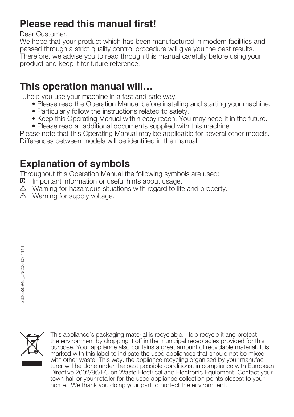 Please read this manual first, This operation manual will, Explanation of symbols | Beko WME 8227 W User Manual | Page 2 / 40