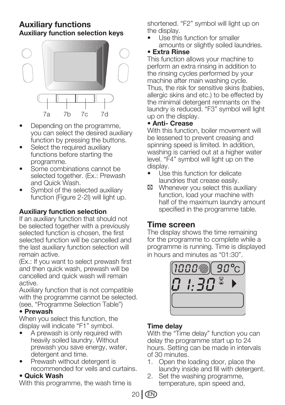 Auxiliary functions, Time screen | Beko WME 8227 W User Manual | Page 20 / 40