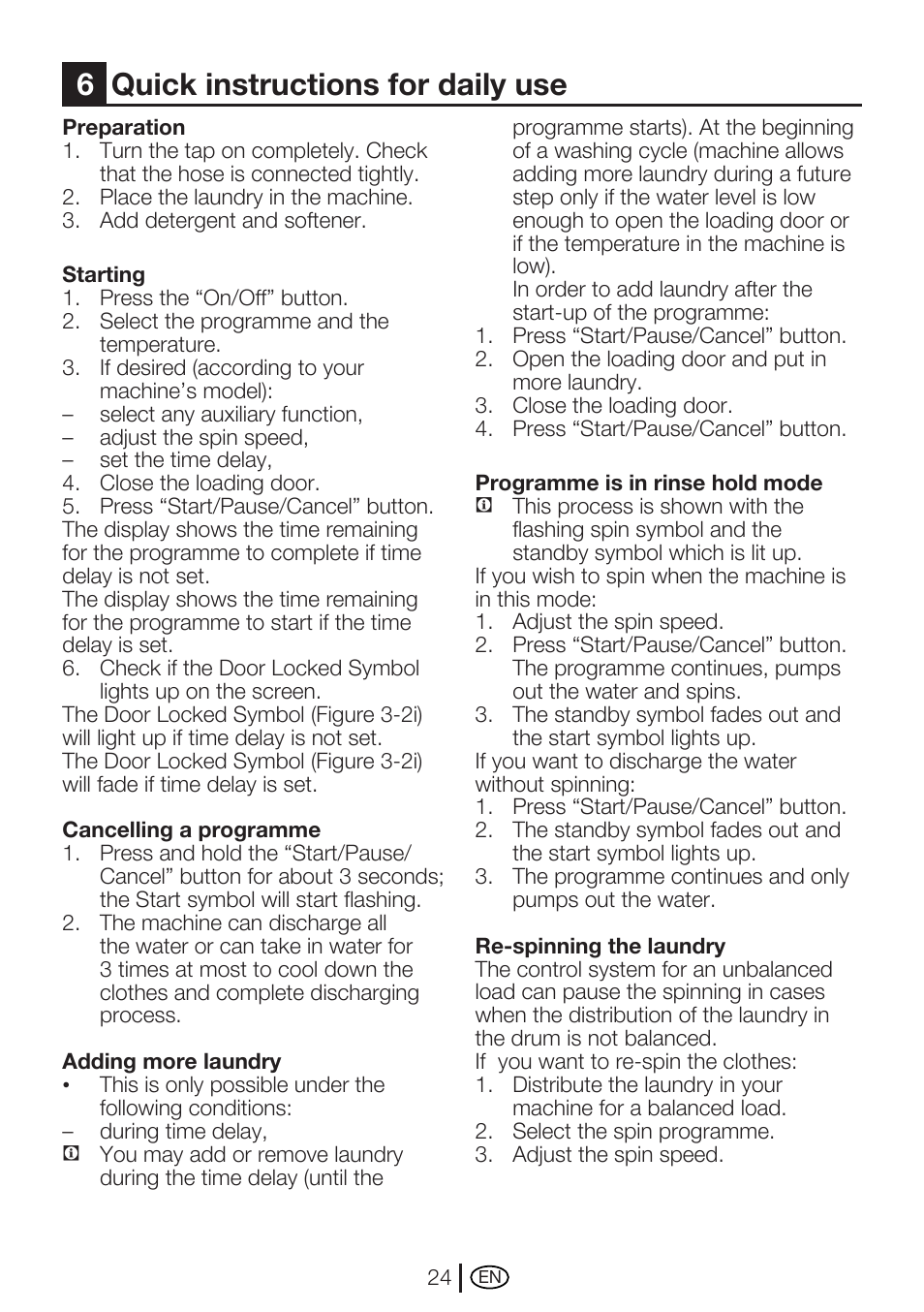 6quick instructions for daily use | Beko WME 8227 W User Manual | Page 24 / 40
