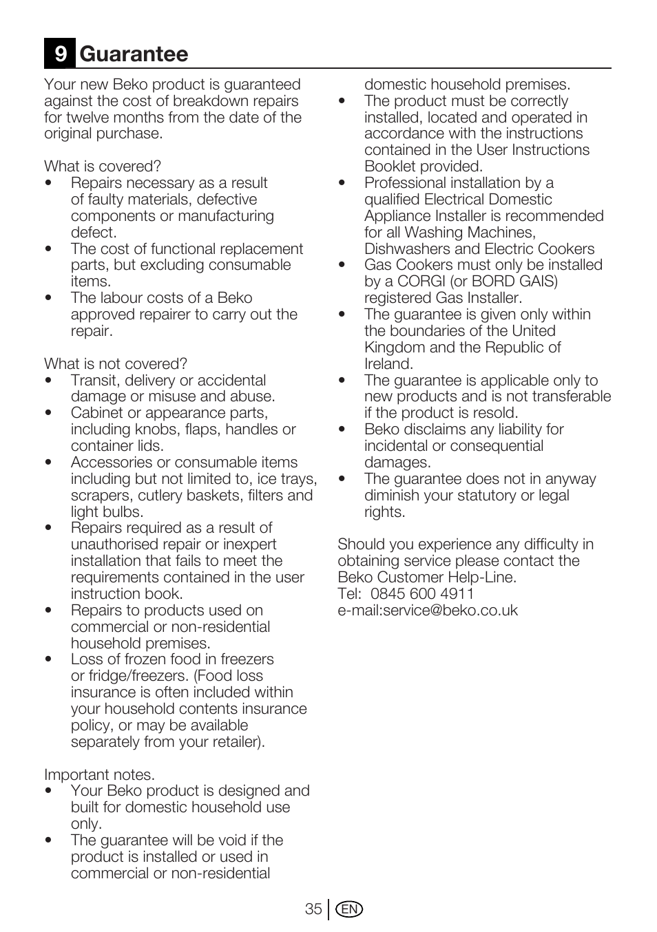 9guarantee | Beko WME 8227 W User Manual | Page 35 / 40