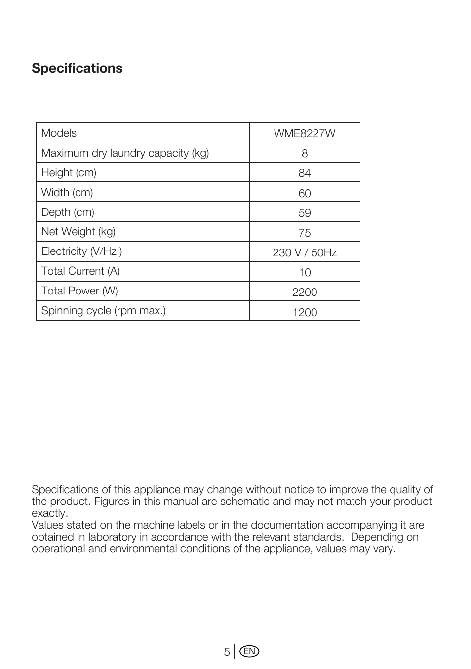 Specifications | Beko WME 8227 W User Manual | Page 5 / 40