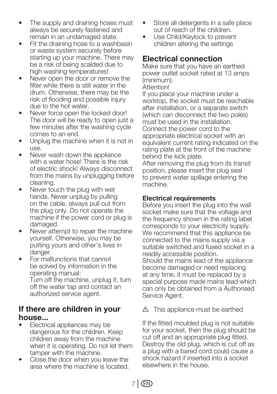 If there are children in your house, Electrical connection | Beko WME 8227 W User Manual | Page 7 / 40