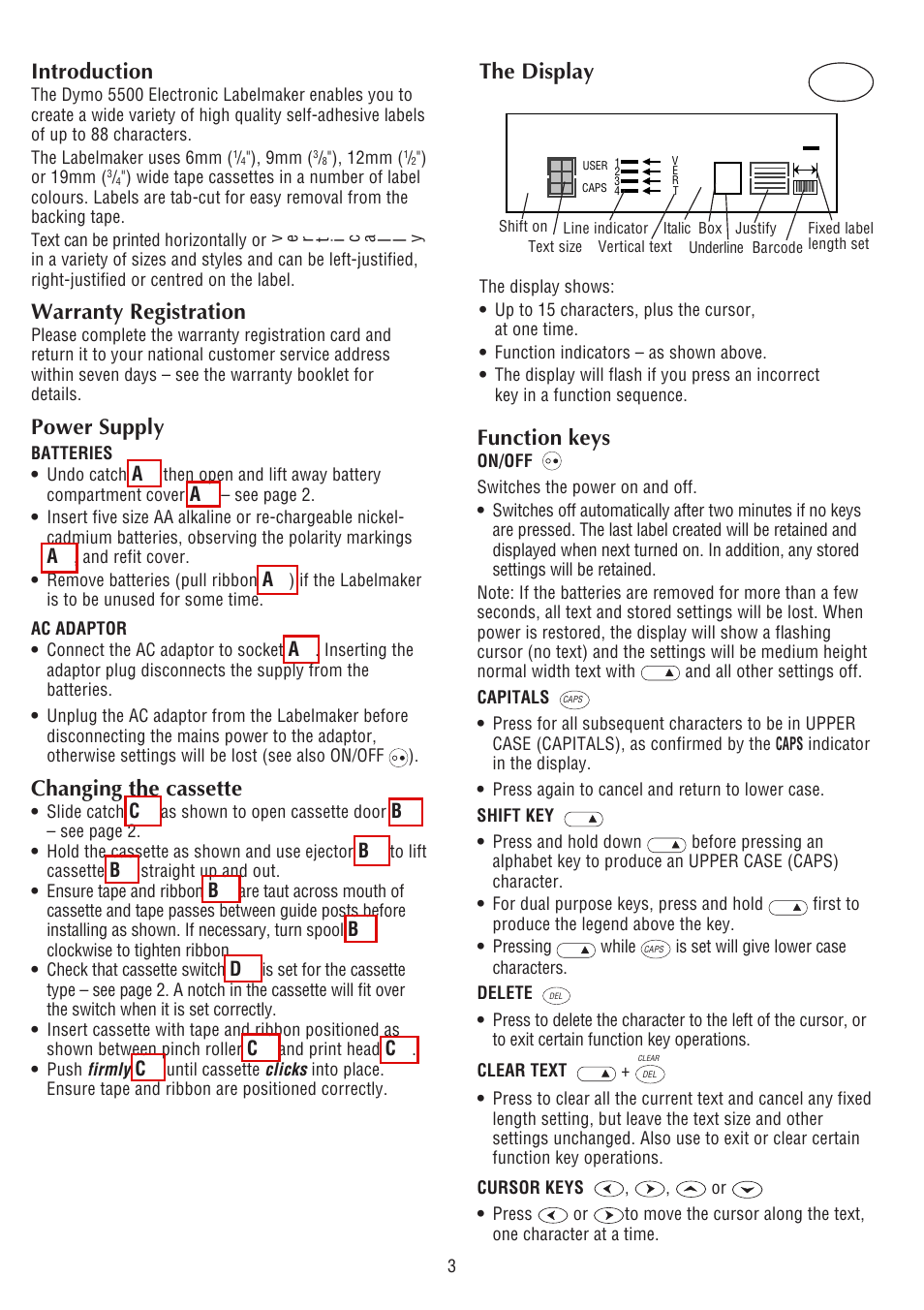 Introduction, Warranty registration, Power supply | Changing the cassette, The display function keys | Dymo 5500 User Manual | Page 2 / 5