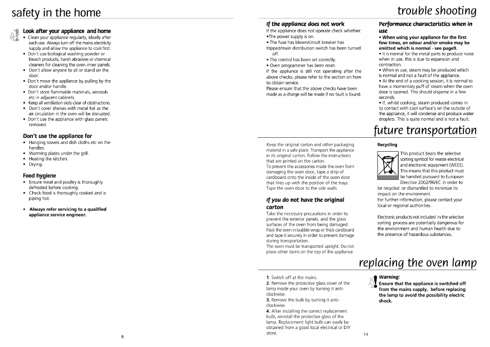 If the appliance does not work, If you do not have the original carton, Recycling | Safety in the home trouble shooting, Future transportation, Replacing the oven lamp | Beko BE61FS User Manual | Page 5 / 9