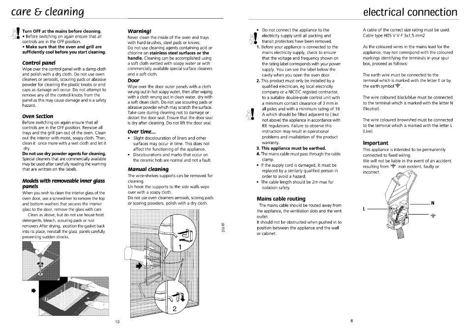 Turn off at the mains before cleaning, Control panel, Oven section | Models with removeable inner glass panels, Warning, Door, Over time, Manual cleaning, Mains cable routing, Important | Beko BE61FS User Manual | Page 6 / 9