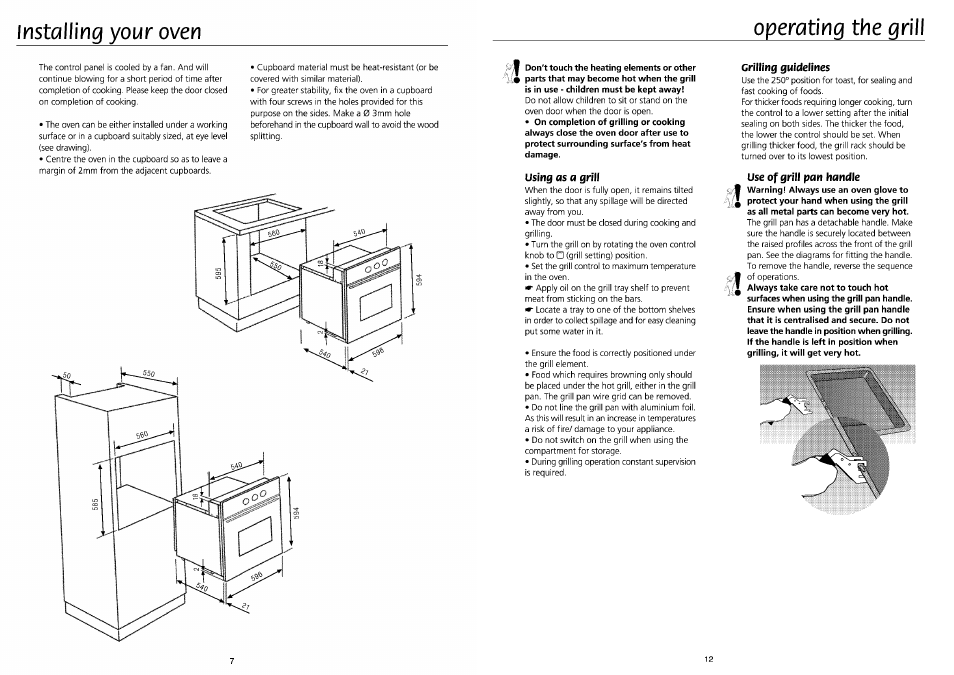 Using as a grill, Grilling guidelines, Use of grill pan handle | Instoilling your oyen, Operawnq the grill | Beko BE61FS User Manual | Page 7 / 9