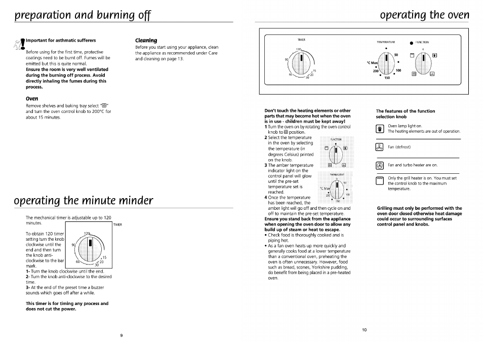 Important for asthmatic sufferers, Cleaning, Oven | The features of the function selection knob, Operating the minute minder, Operating the oven, Preparation and burning off il | Beko BE61FS User Manual | Page 9 / 9