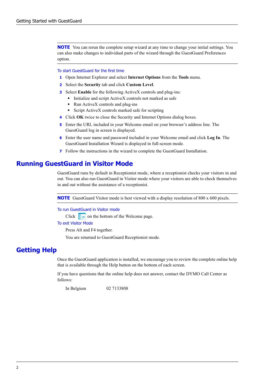 Running guestguard in visitor mode, Getting help | Dymo GuestGuard User Manual | Page 2 / 2