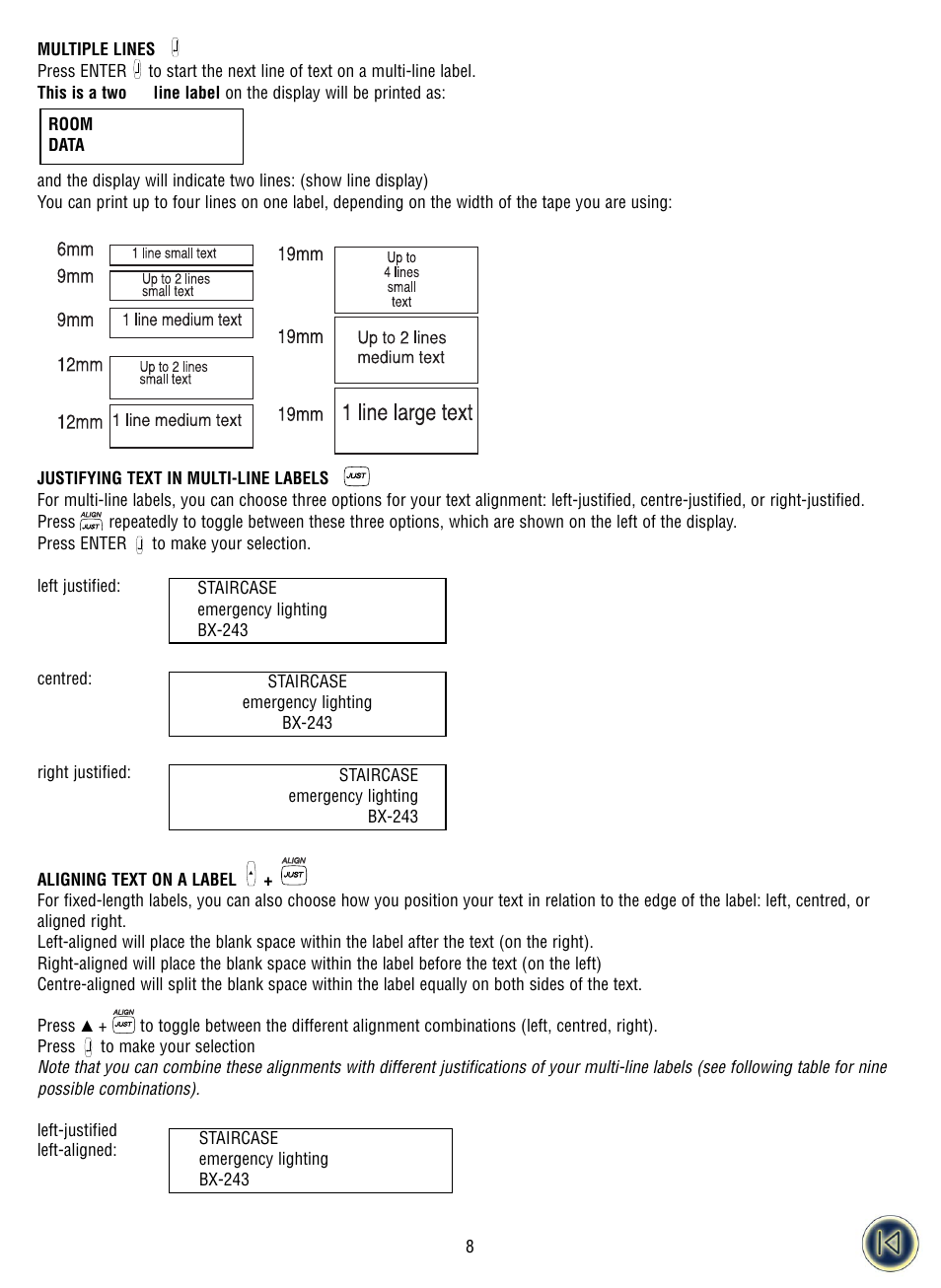 Multiple lines, Justifying text in multi-line labels, Aligning text on a label | Dymo ILP219 User Manual | Page 11 / 40