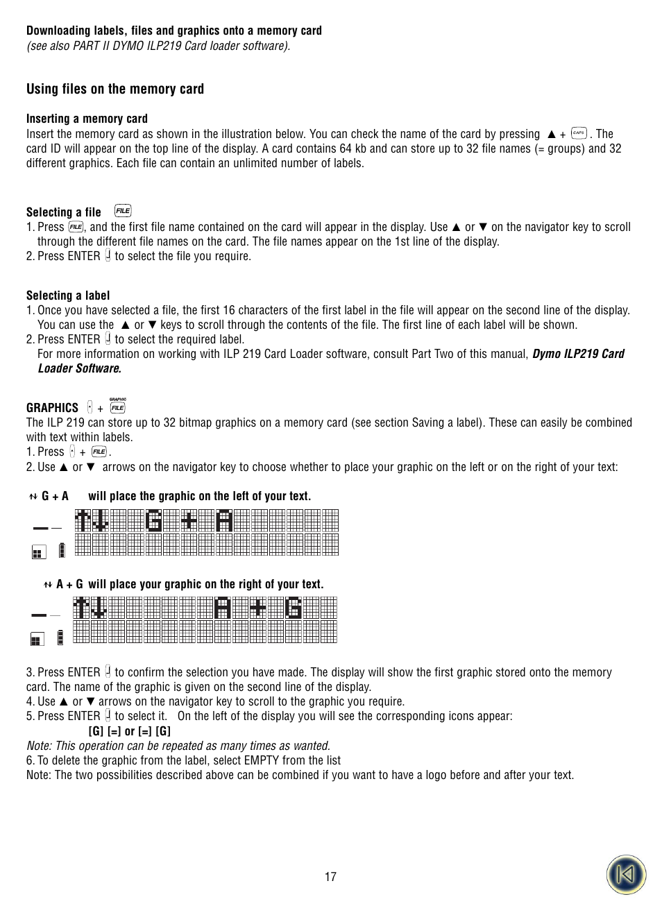 Using files on the memory card, Graphics | Dymo ILP219 User Manual | Page 20 / 40