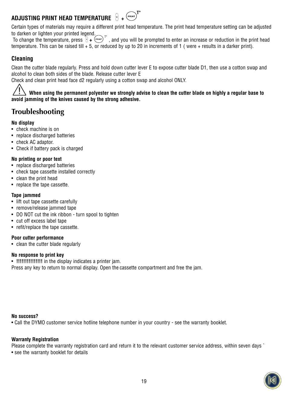 Adjusting print head temperature, Troubleshooting, Warranty registration | Dymo ILP219 User Manual | Page 22 / 40