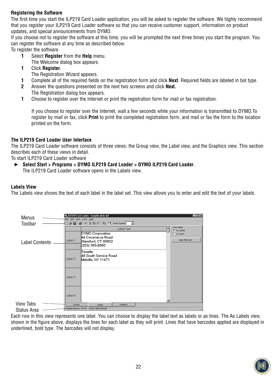 Registering the software, The ilp219 card loader user interface | Dymo ILP219 User Manual | Page 24 / 40