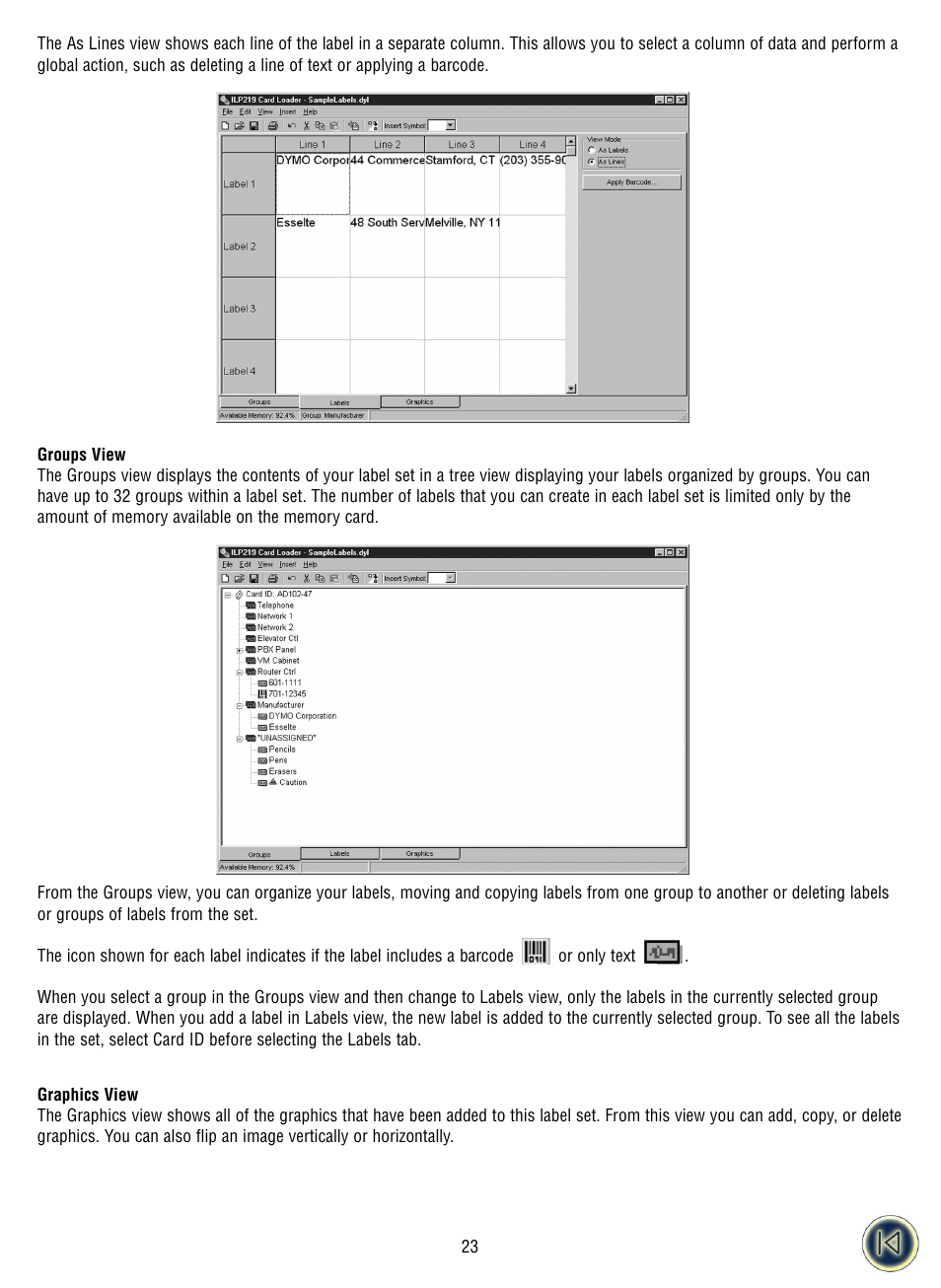 Groups view | Dymo ILP219 User Manual | Page 25 / 40