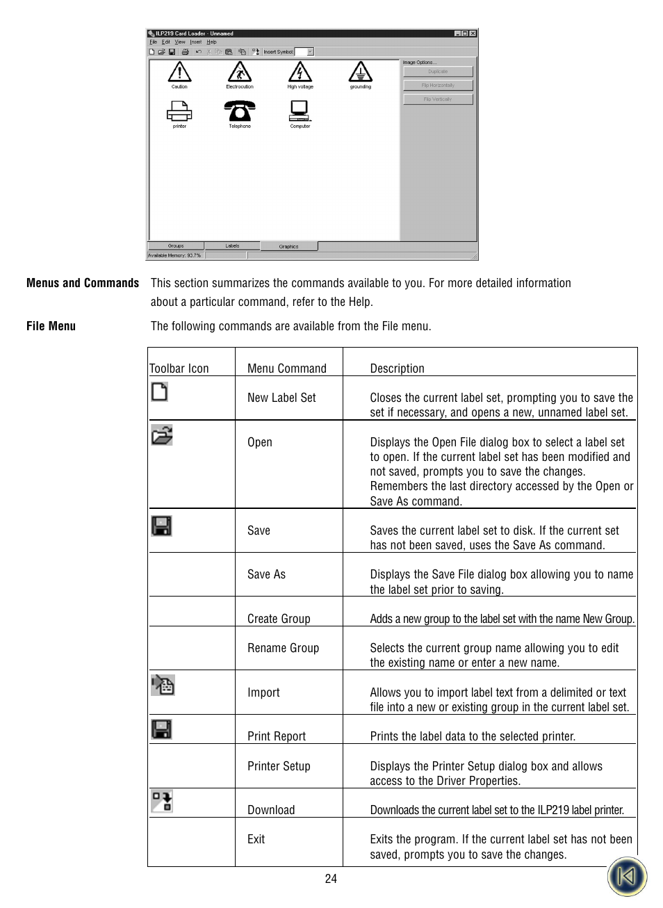 Graphics view, Menus and commands | Dymo ILP219 User Manual | Page 26 / 40