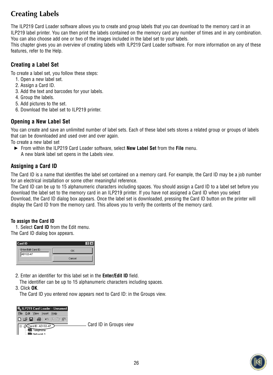 Creating labels, Creating a label set, Opening a new label set | Assigning a card id | Dymo ILP219 User Manual | Page 28 / 40