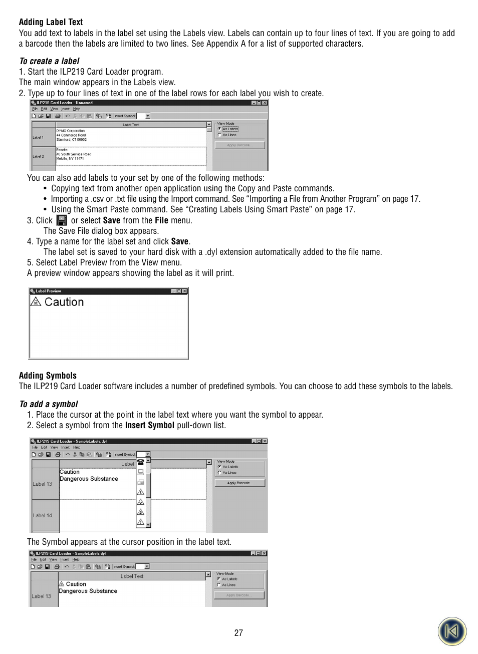 Adding label text, Adding symbols | Dymo ILP219 User Manual | Page 29 / 40