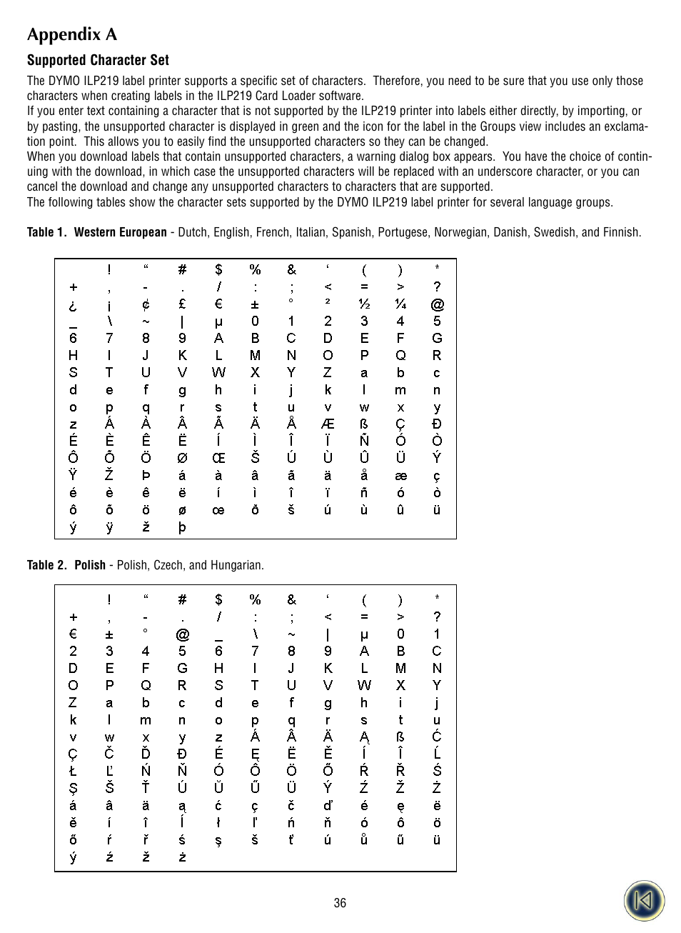 Supported characters sets, Appendix a | Dymo ILP219 User Manual | Page 38 / 40