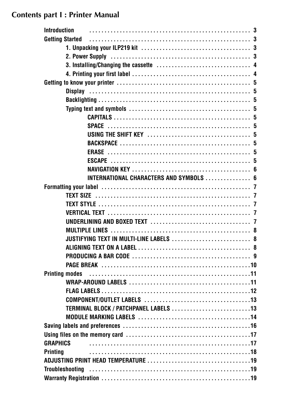 Contents part i : printer manual | Dymo ILP219 User Manual | Page 4 / 40